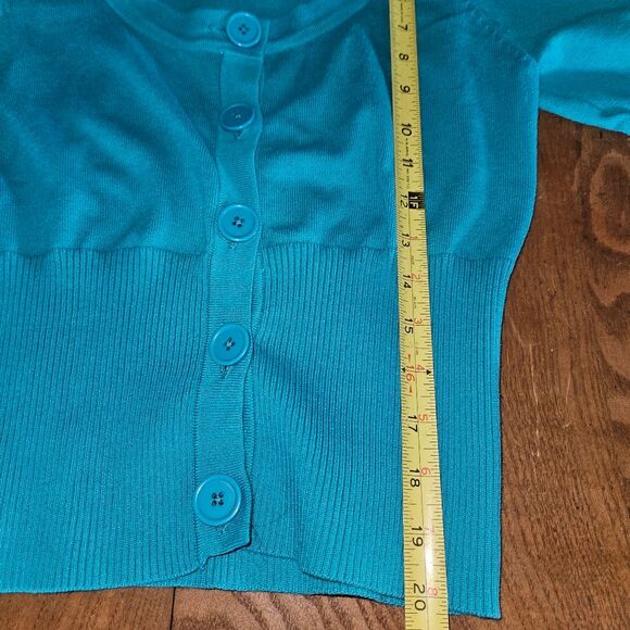 Takeout Teal Blue Cropped Button-Up Short Sleeve Shrug Cardigan Size Large - Picture 7 of 8